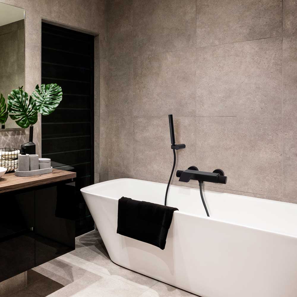 Ramon Soler - Grifo de baño - ducha termostático Urban Chic con equipo de ducha, salida cascada, inversor integrado y repisa de vidrio negro mate - BricoandPool