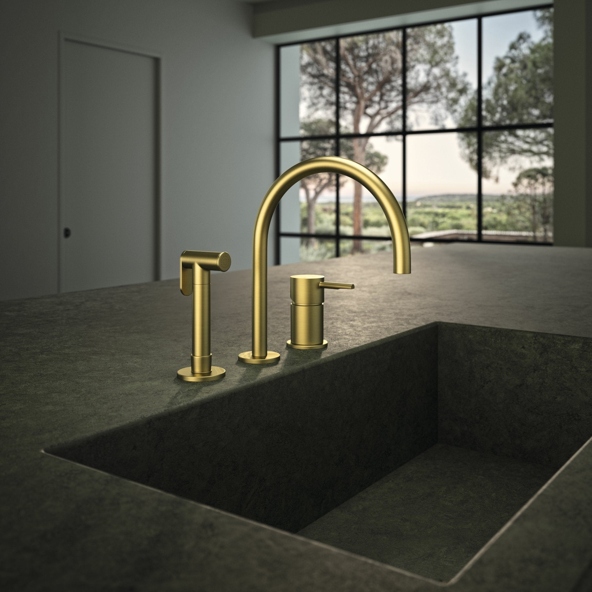 Ramon Soler - Grifo de cocina de repisa Adagio con duchita y caño de 190 mm oro cepillado - BricoandPool