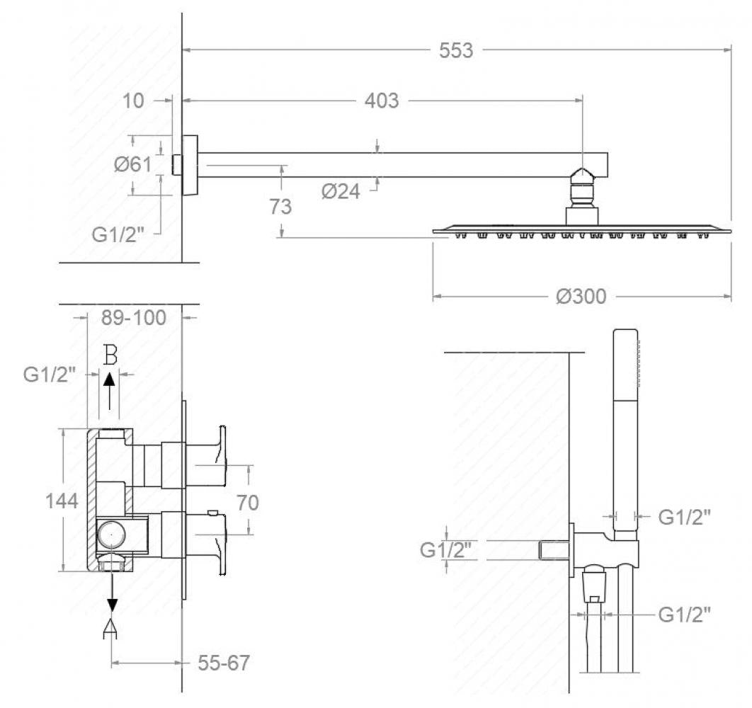 Ramon Soler - Grifo de ducha empotrado termostático 2 vías Alexia con rociador metálico Ø300 mm oro cepillado - BricoandPool