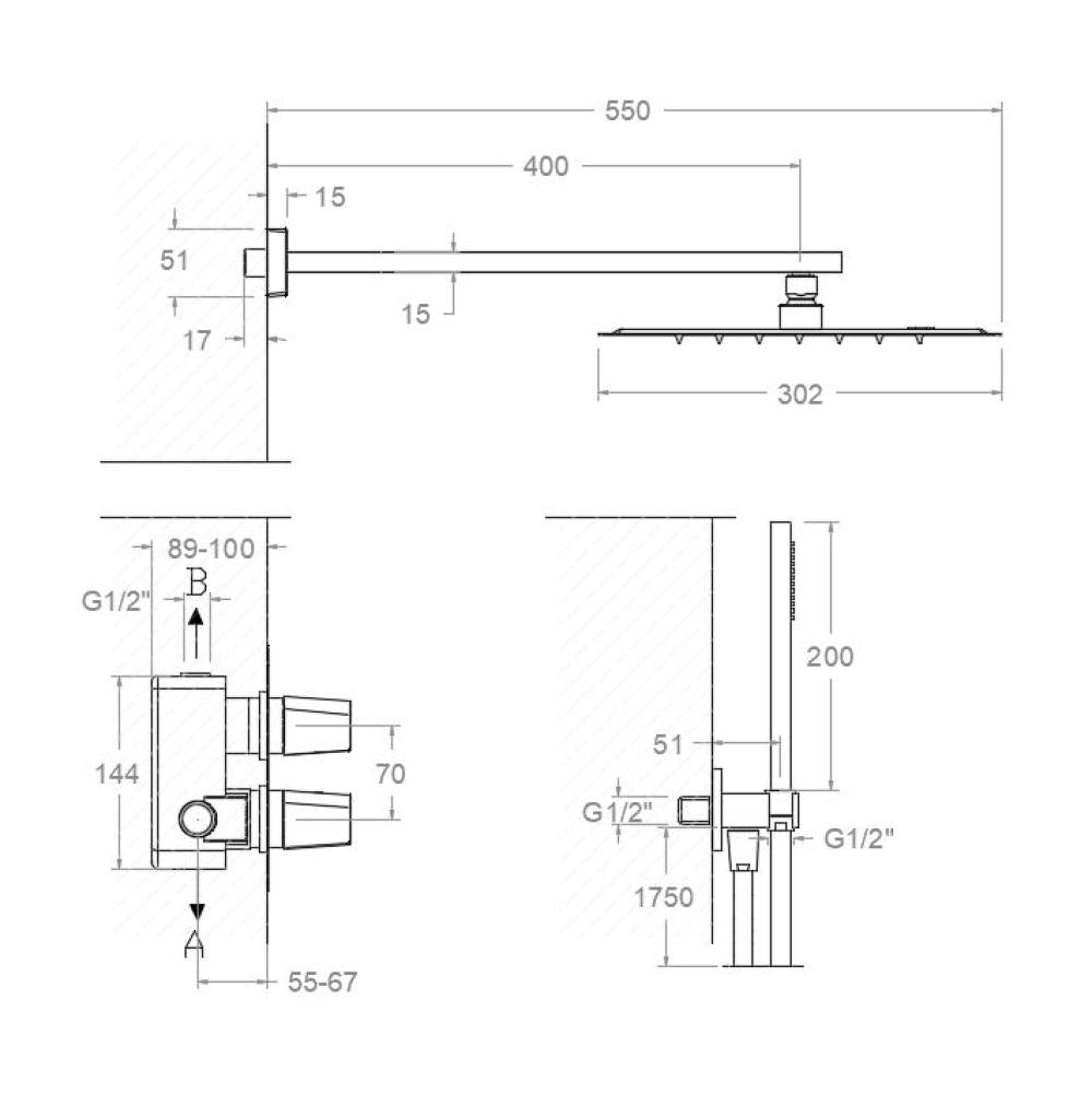 Ramon Soler - Grifo de ducha empotrado termostático 2 vías Prisma con rociador metálico Ø300 mm grafito - BricoandPool