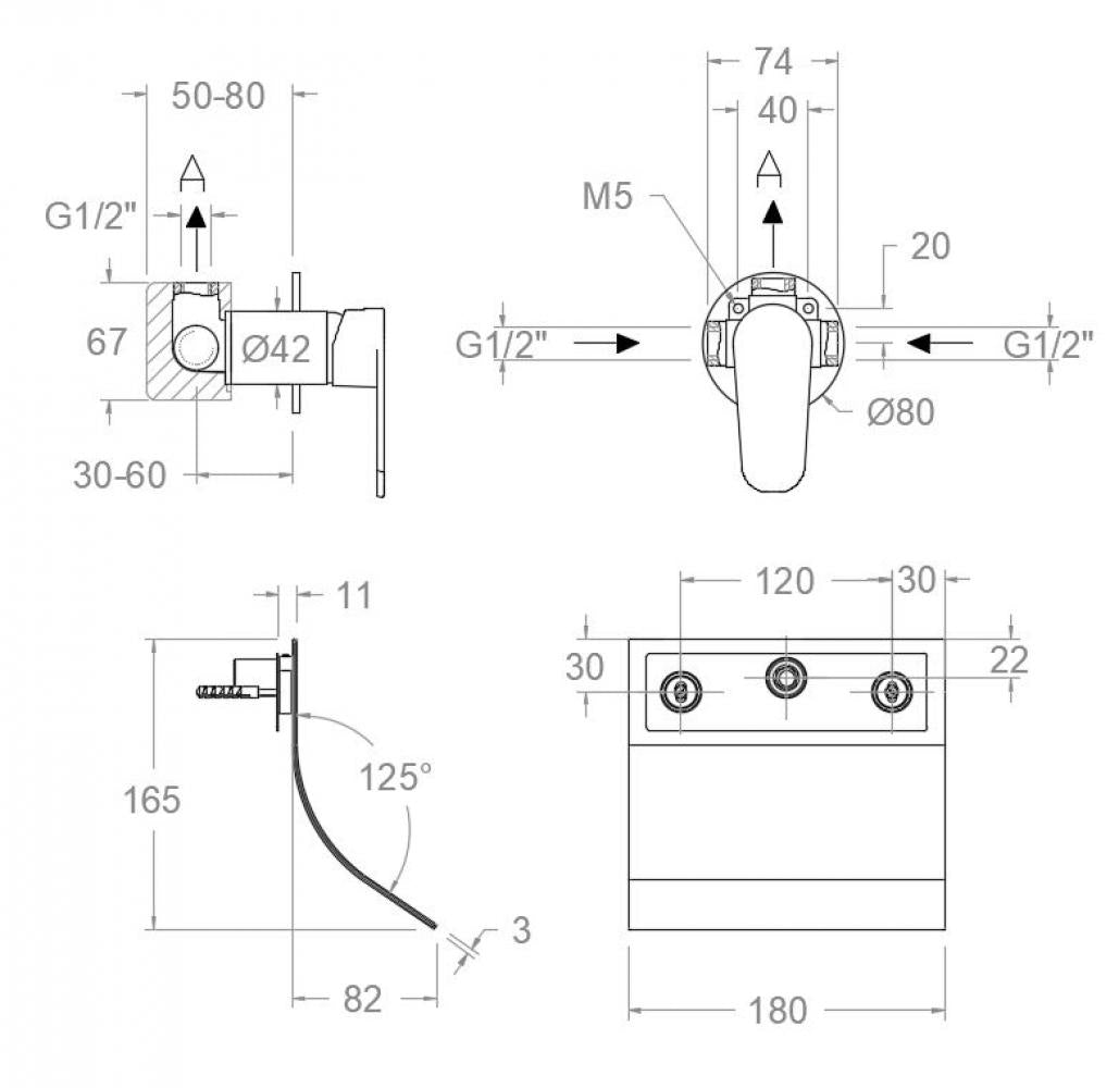 Ramon Soler - Grifo de lavabo empotrado monomando Alexia mural con caño cascada extraplano negro mate - BricoandPool