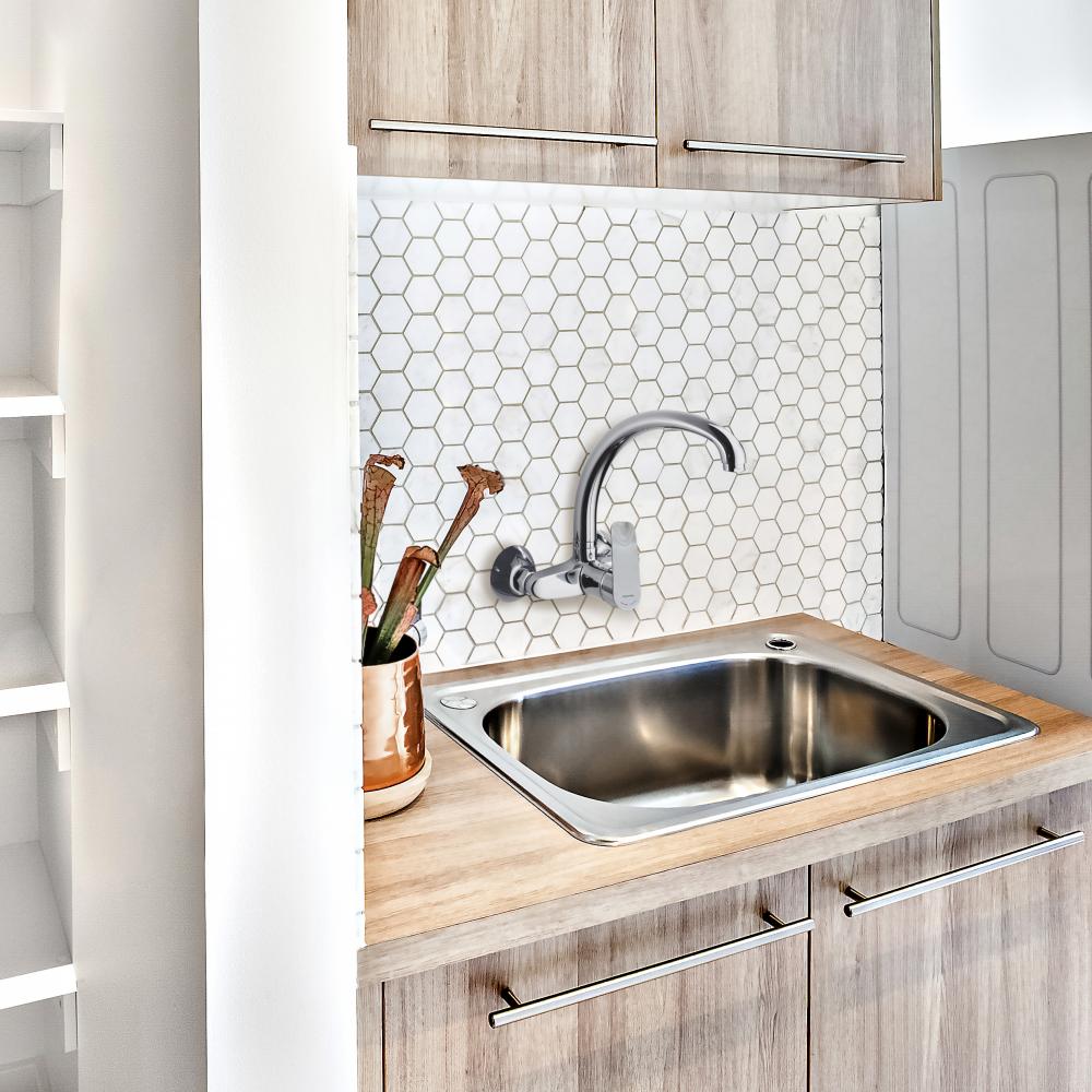 Ramon Soler - Grifo monomando de fregadero a pared New Fly caño alto giratorio cromo - BricoandPool