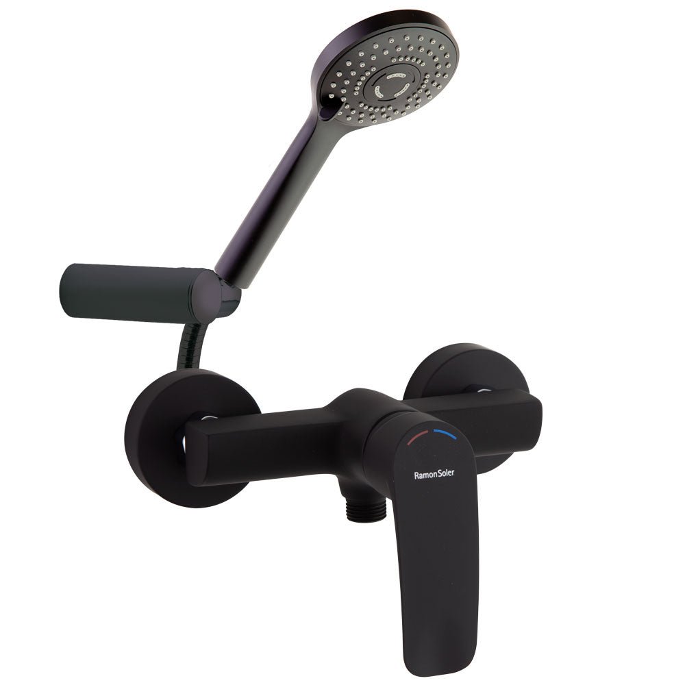 Ramon Soler - New Fly, conjunto monomando ducha con equipo de ducha, negro mate - BricoandPool