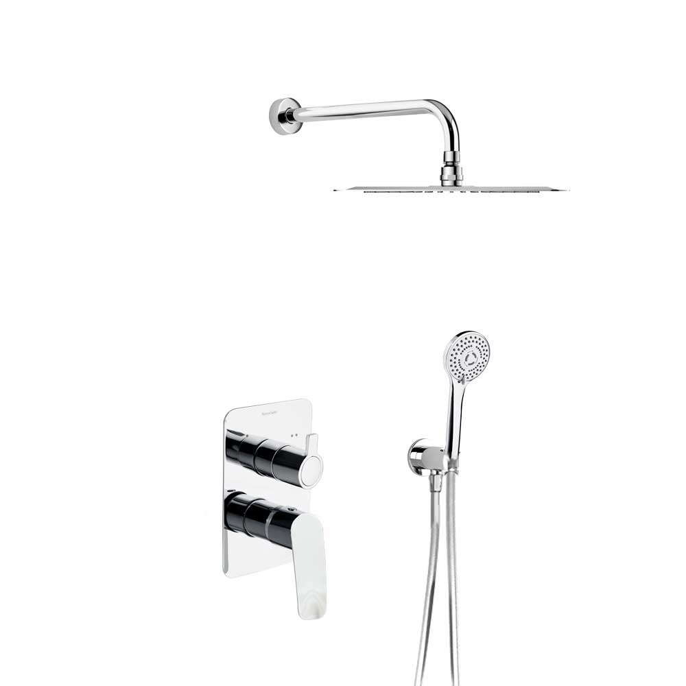 Ramon Soler - New Fly, conjunto monomando empotrado metálico 2 vías con soporte, toma de agua, teleducha y rociador Ø240mm, cromo - BricoandPool