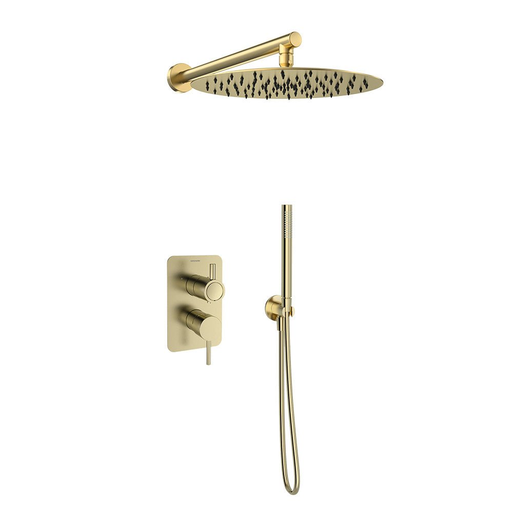 Ramon Soler - Odisea, conjunto de monomando de ducha empotrado 2 vías con rociador metálico 300mm, oro cepillado - BricoandPool
