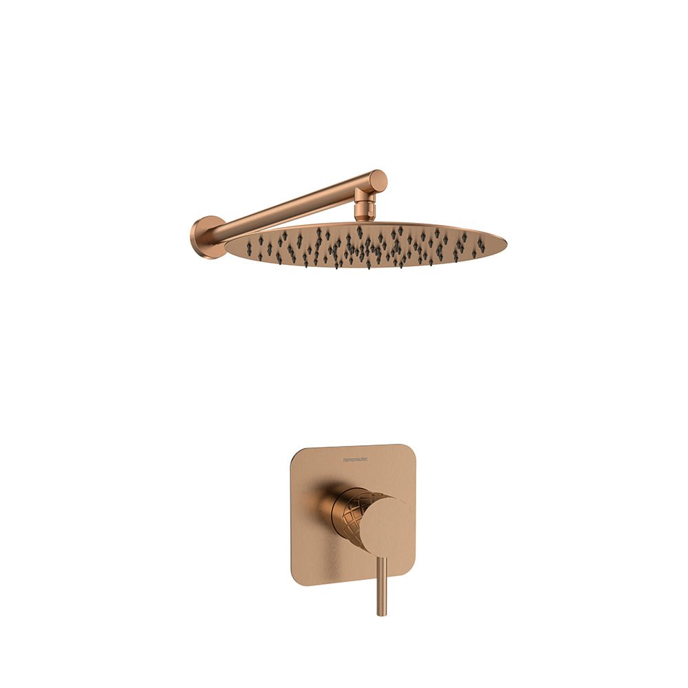 Ramon Soler - Odisea Joya, conjunto monomando empotrado 1 vía con rociador metálico de Ø300 mm, cobre cepillado - BricoandPool