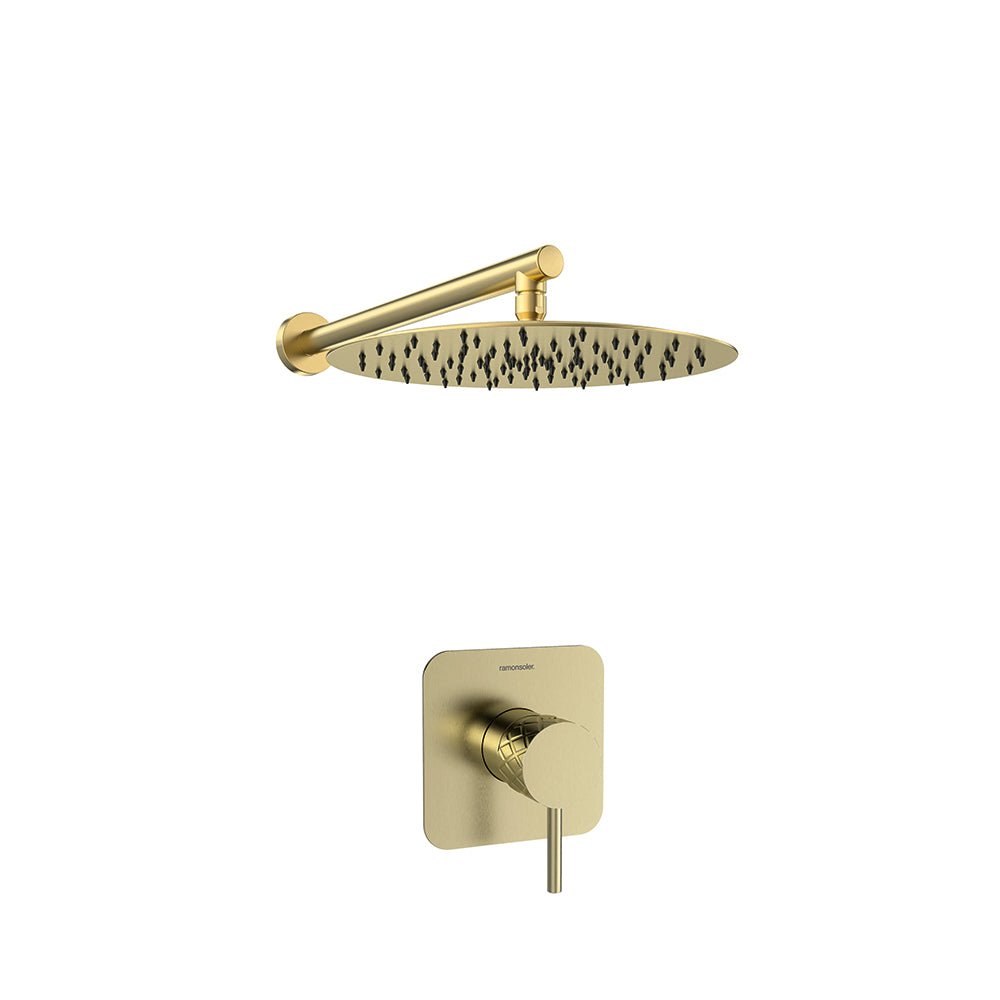 Ramon Soler - Odisea Joya, conjunto monomando empotrado 1 vía con rociador metálico de Ø300 mm, oro cepillado - BricoandPool