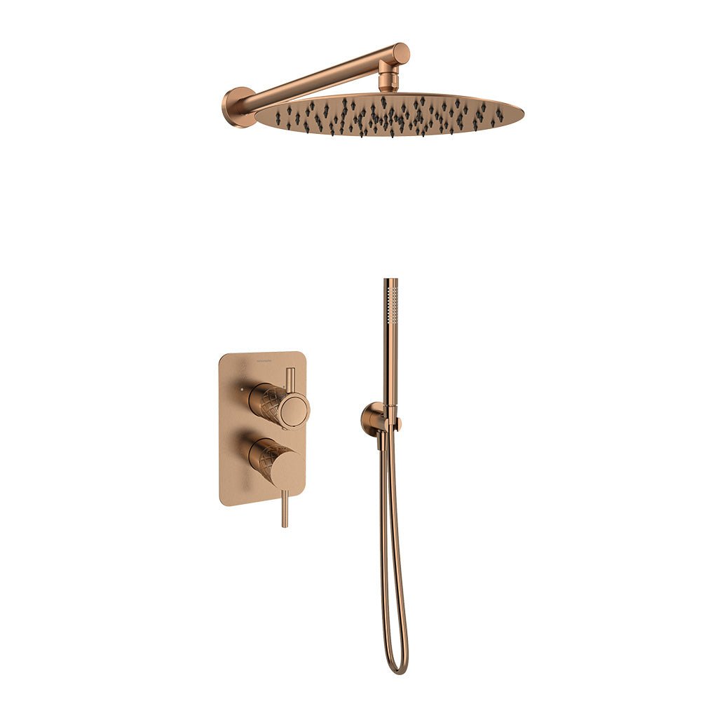 Ramon Soler - Odisea Joya, conjunto monomando empotrado 2 vías con rociador metálico de Ø300 mm, cobre cepillado - BricoandPool