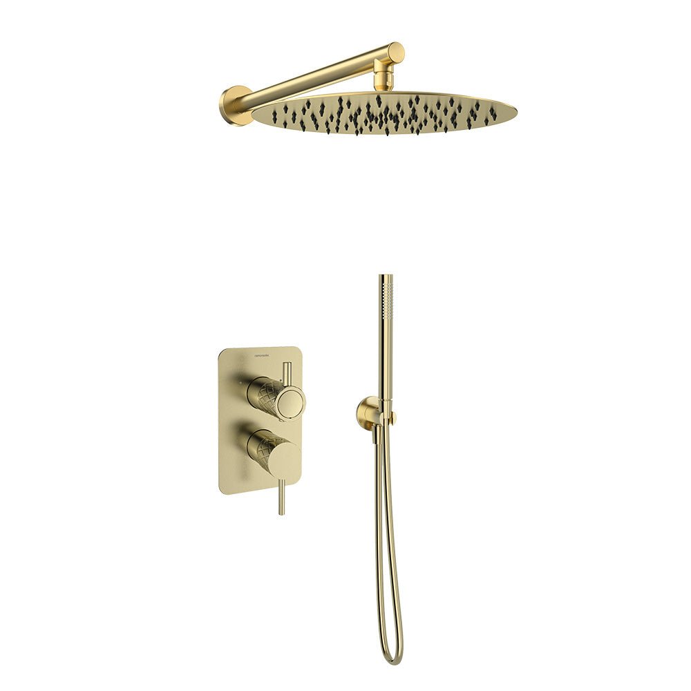 Ramon Soler - Odisea Joya, conjunto monomando empotrado 2 vías con rociador metálico de Ø300 mm, oro cepillado - BricoandPool