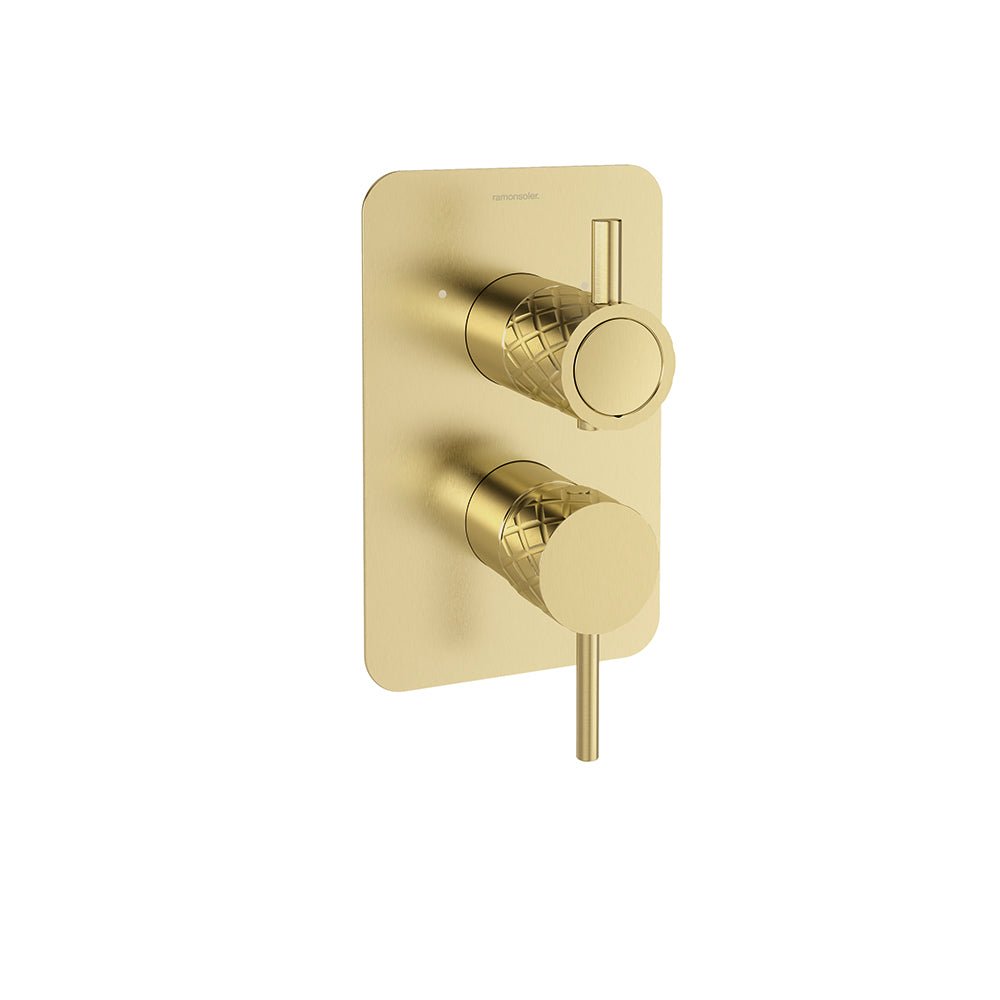 Ramon Soler - Odisea Joya, monomando de ducha empotrado 2 vías con placa metálica, oro cepillado - BricoandPool