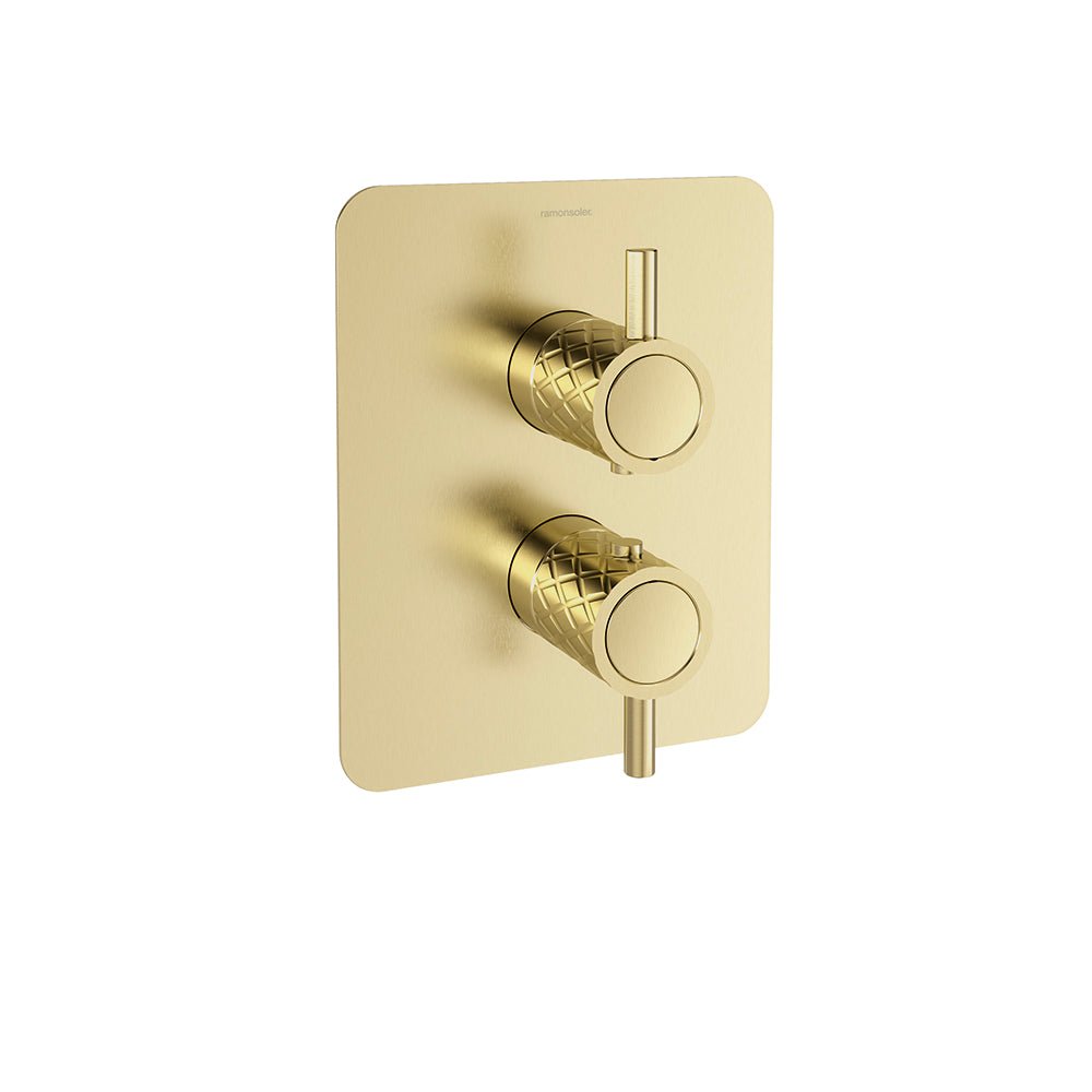 Ramon Soler - Odisea Joya, termostático de ducha empotrado 1 vía con placa metálica, oro cepillado - BricoandPool