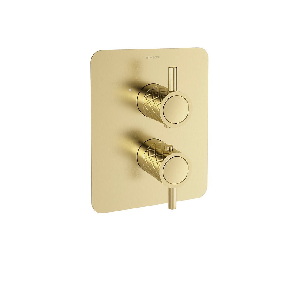 Ramon Soler - Odisea Joya, termostático de ducha empotrado 2 vías con placa metálica, oro cepillado - BricoandPool