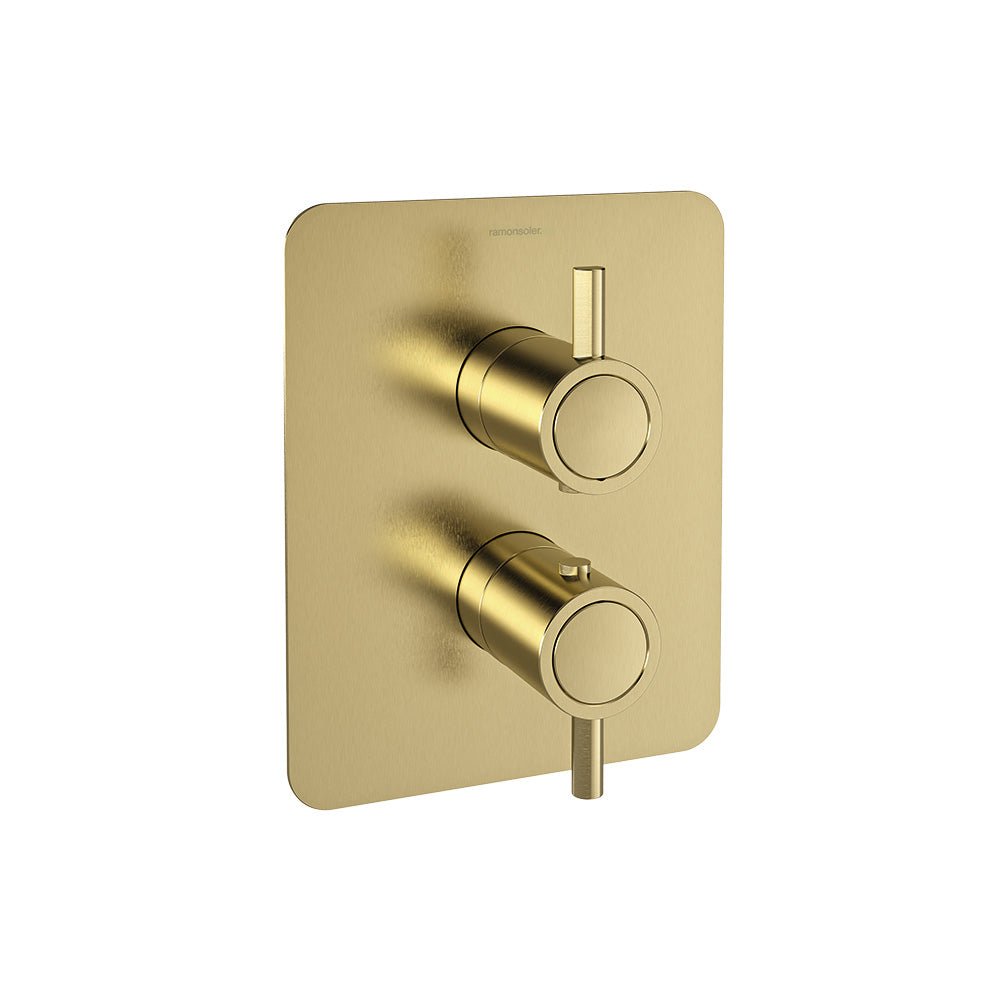 Ramon Soler - Odisea, termostático de ducha empotrado 1 vía con placa metálica, oro cepillado - BricoandPool