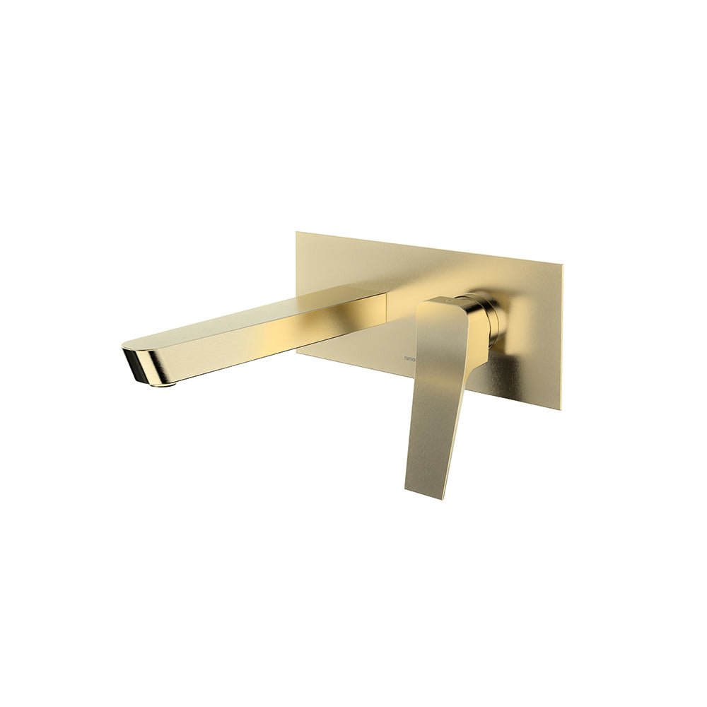 Ramon Soler - Prisma, monomando de lavabo empotrado mural de caño recto y placa metálica, oro cepillado - BricoandPool