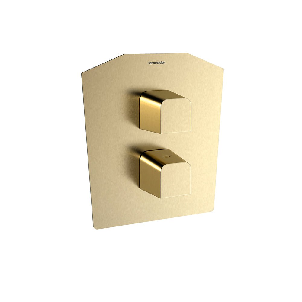 Ramon Soler - Prisma, termostático de ducha empotrado 1 vía con placa metálica, oro cepillado - BricoandPool