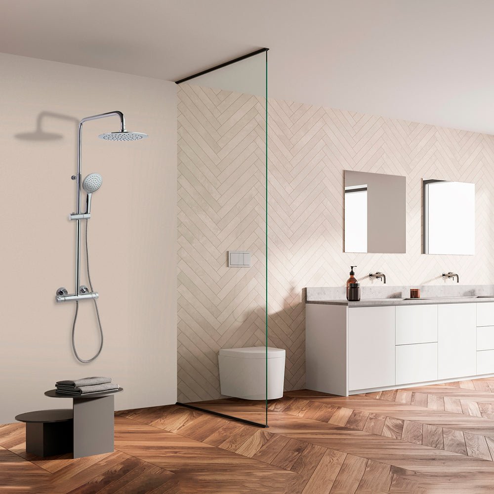 Ramon Soler - Termotech, columna de ducha telescópica termostática con rociador redondo Ø230 mm, cromo - BricoandPool