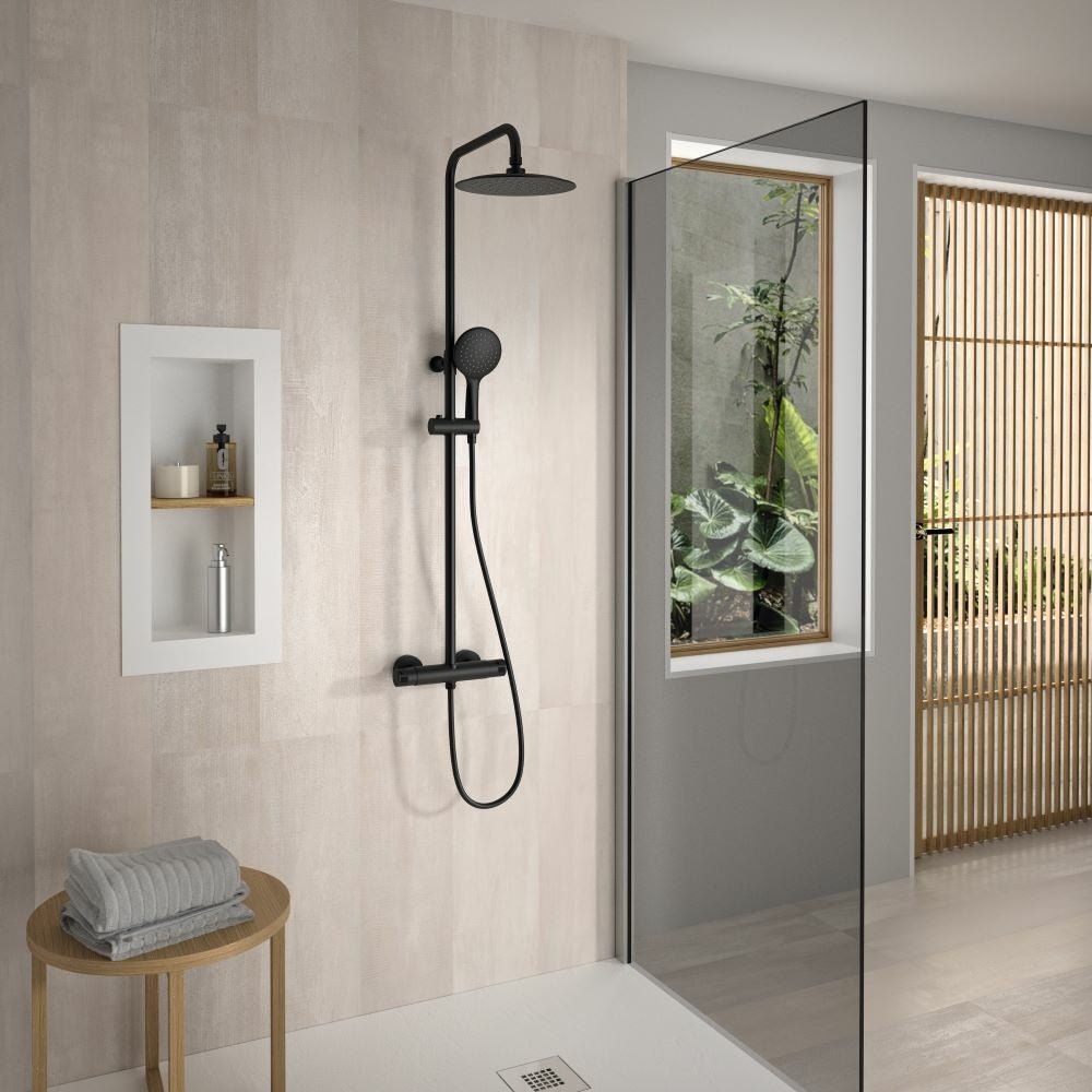 Ramon Soler - Termotech, columna de ducha telescópica termostática con rociador redondo Ø230 mm, negro mate - BricoandPool