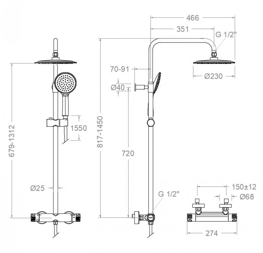 Ramon Soler - Termotech, columna de ducha telescópica termostática con rociador redondo Ø230 mm, negro mate - BricoandPool