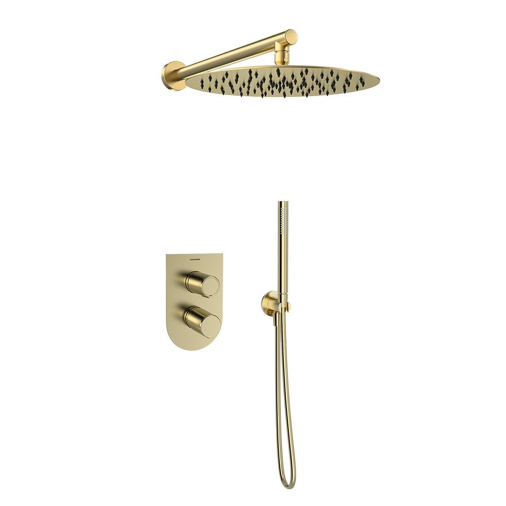 Ramon Soler - Tzar, conjunto monomando empotrado de 2 vía con rociador metálico de Ø300 mm, oro cepillado - BricoandPool