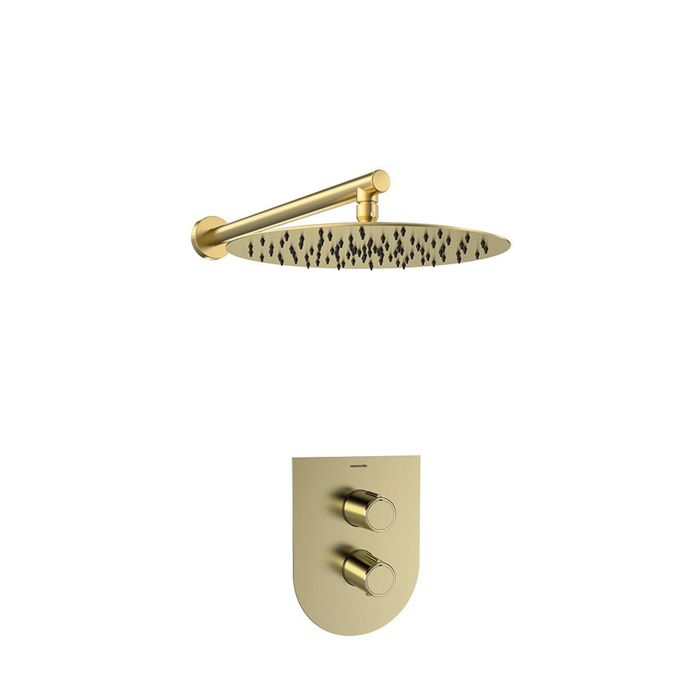 Ramon Soler - Tzar, conjunto termostático empotrado de 1 vía con rociador metálico de Ø300 mm, oro cepillado - BricoandPool