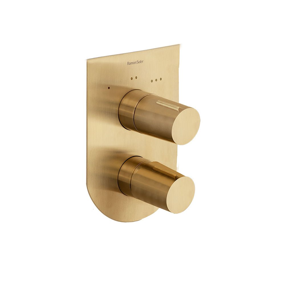 Ramon Soler - Tzar, monomando de baño - ducha empotrado 3 vías con placa metálica, oro cepillado - BricoandPool