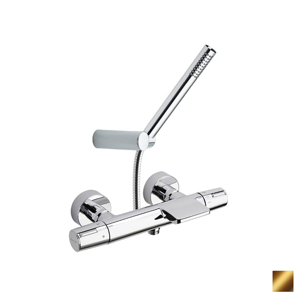 Ramon Soler - Tzar, termostático de baño - ducha salida cascada con equipo de ducha, oro cepillado - BricoandPool