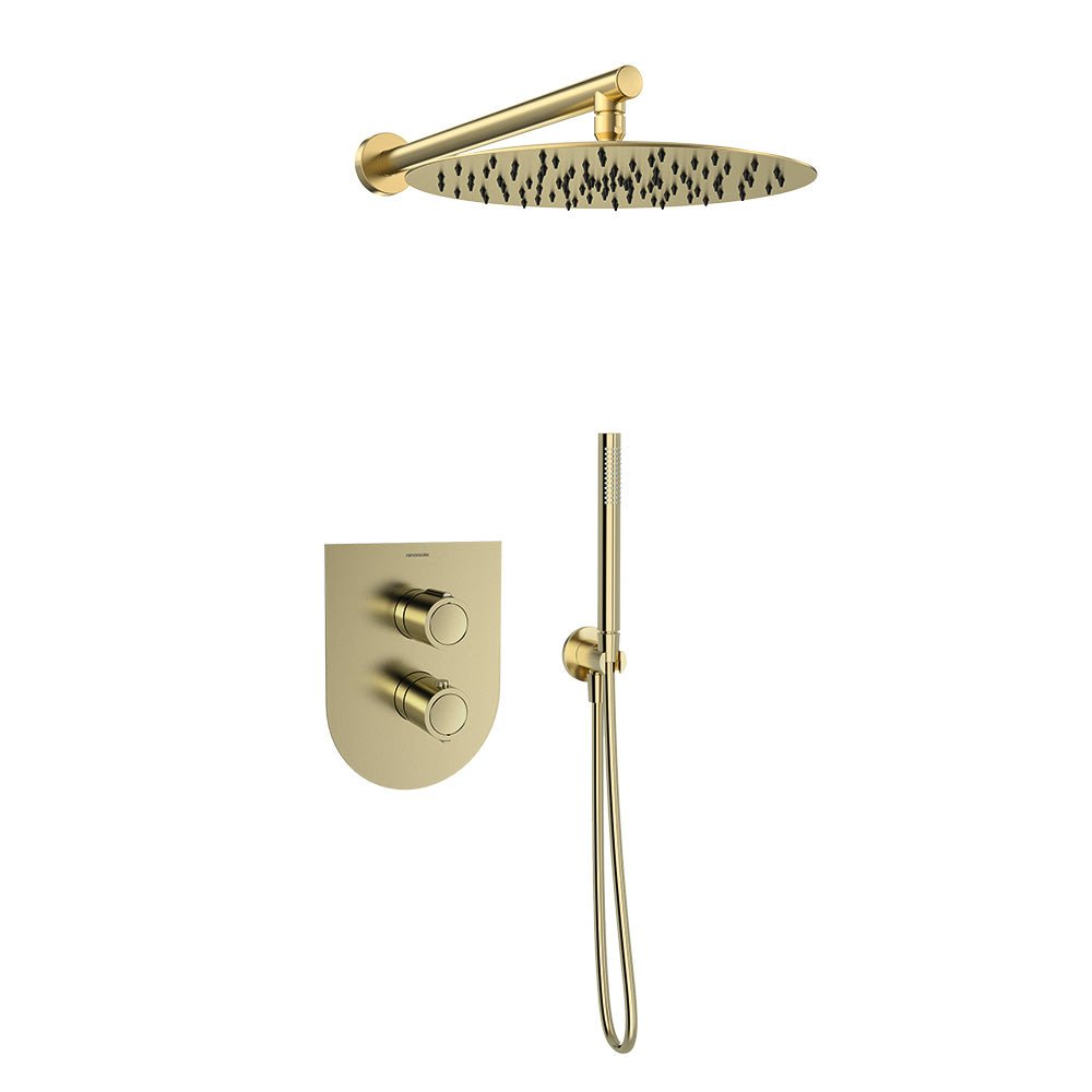 Ramon Soler - Urban Chic, conjunto termostático empotrado metálico 2 vías con rociador metálico Ø300mm, oro cepillado - BricoandPool