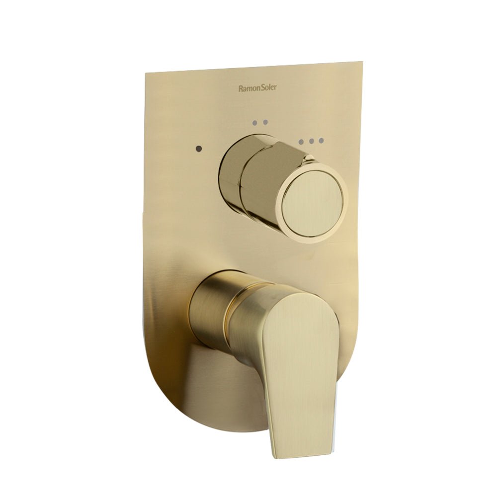 Ramon Soler - Urban Chic, monomando de baño - ducha empotrado metálico 3 vías con placa ultraslim S2, oro cepillado - BricoandPool