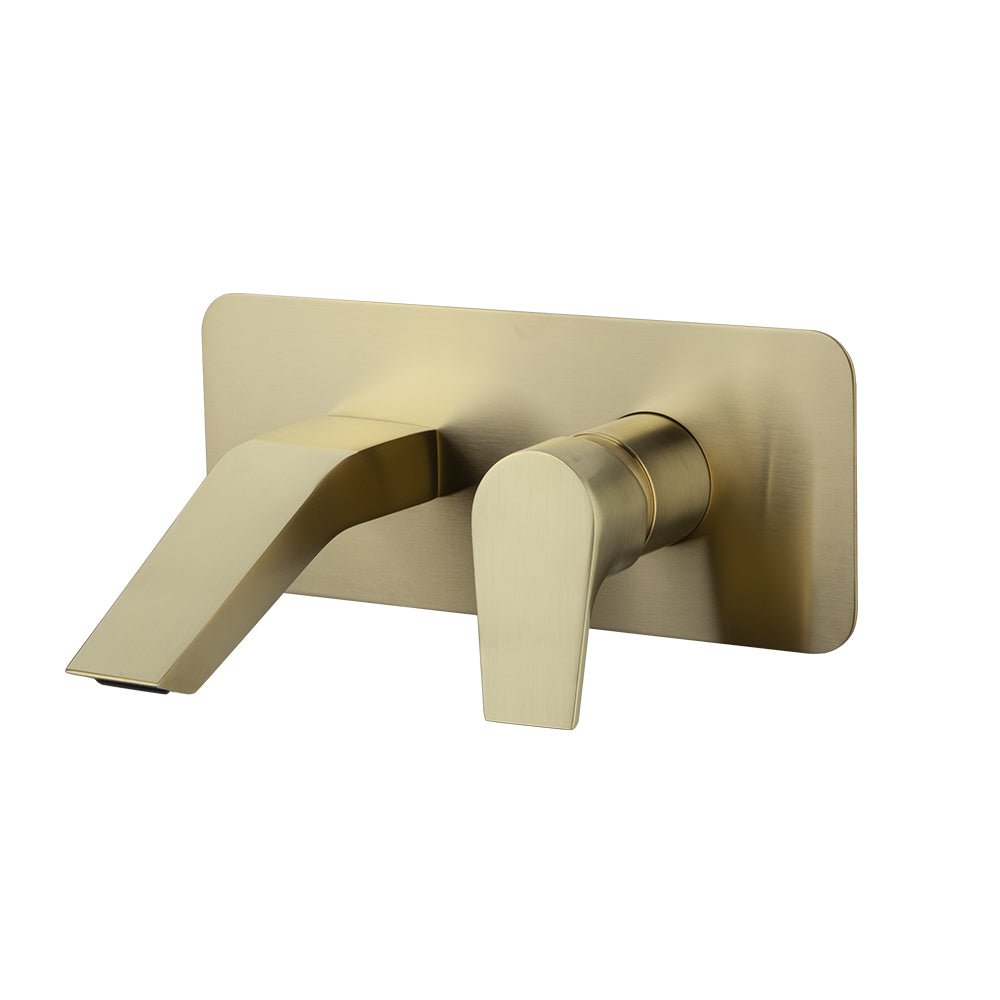 Ramon Soler - Urban Chic, monomando de lavabo empotrado mural con salida cascada y placa metálica S2, oro cepillado - BricoandPool