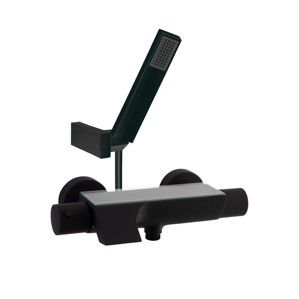 Ramon Soler - Urban Chic, termostático de baño - ducha con equipo de ducha, salida cascada, inversor integrado y repisa con vidrio de seguridad, negro mate - BricoandPool