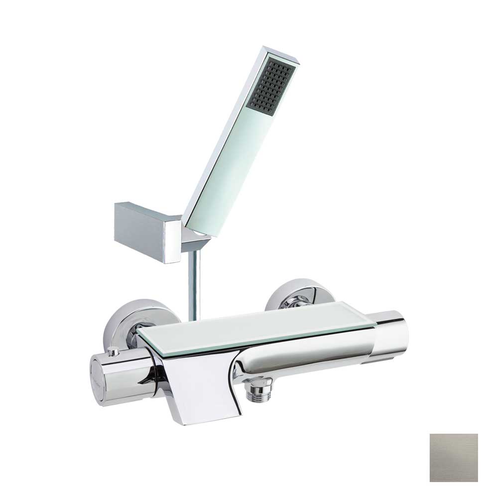 Ramon Soler - Urban Chic, termostático de baño - ducha con equipo de ducha, salida cascada, inversor integrado y repisa con vidrio de seguridad, níquel cepillado - BricoandPool