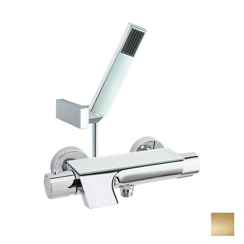 Ramon Soler - Urban Chic, termostático de baño - ducha con equipo de ducha, salida cascada, inversor integrado y repisa con vidrio de seguridad, oro cepillado - BricoandPool