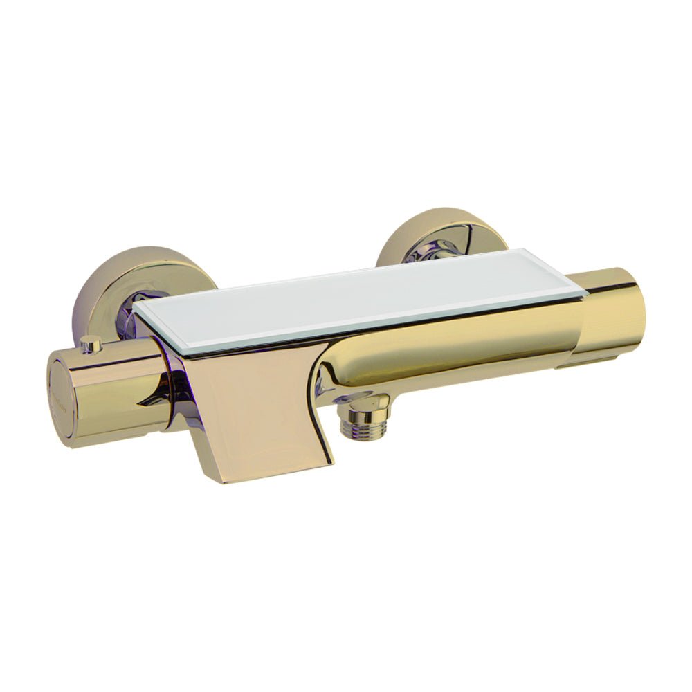 Ramon Soler - Urban Chic, termostático de baño - ducha salida cascada con inversor integrado y repisa con vidrio de seguridad, oro cepillado. - BricoandPool