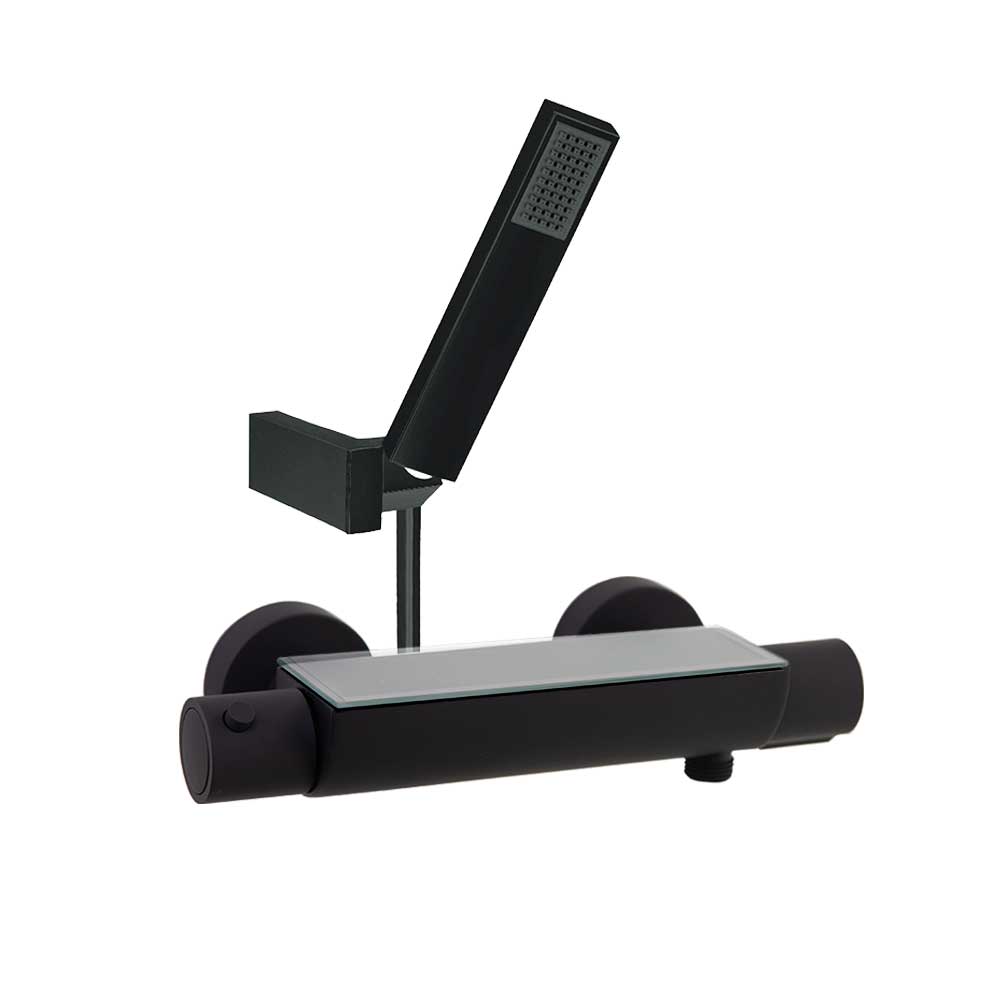 Ramon Soler - Urban Chic, termostático de ducha con equipo de ducha y repisa con vidrio de seguridad, negro mate - BricoandPool