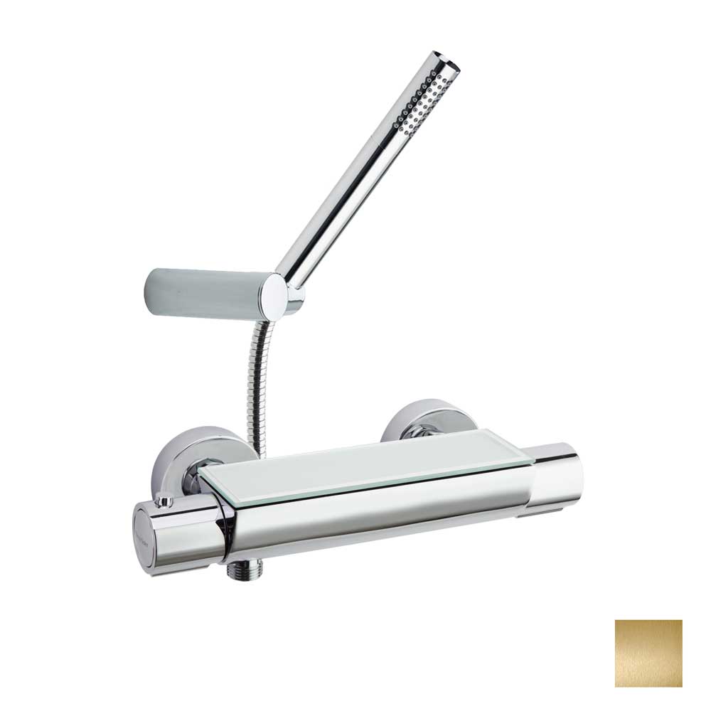 Ramon Soler - Urban Chic, termostático de ducha con equipo de ducha y repisa con vidrio de seguridad, oro cepillado - BricoandPool