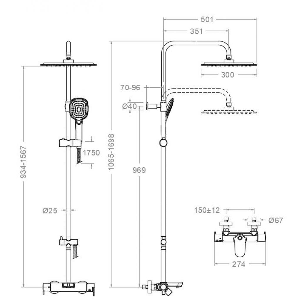 Ramon Soler - Teleskop-Bad-Duschsäule Blautherm thermostatisch mit quadratischem Brausekopf 300 mm Chrom