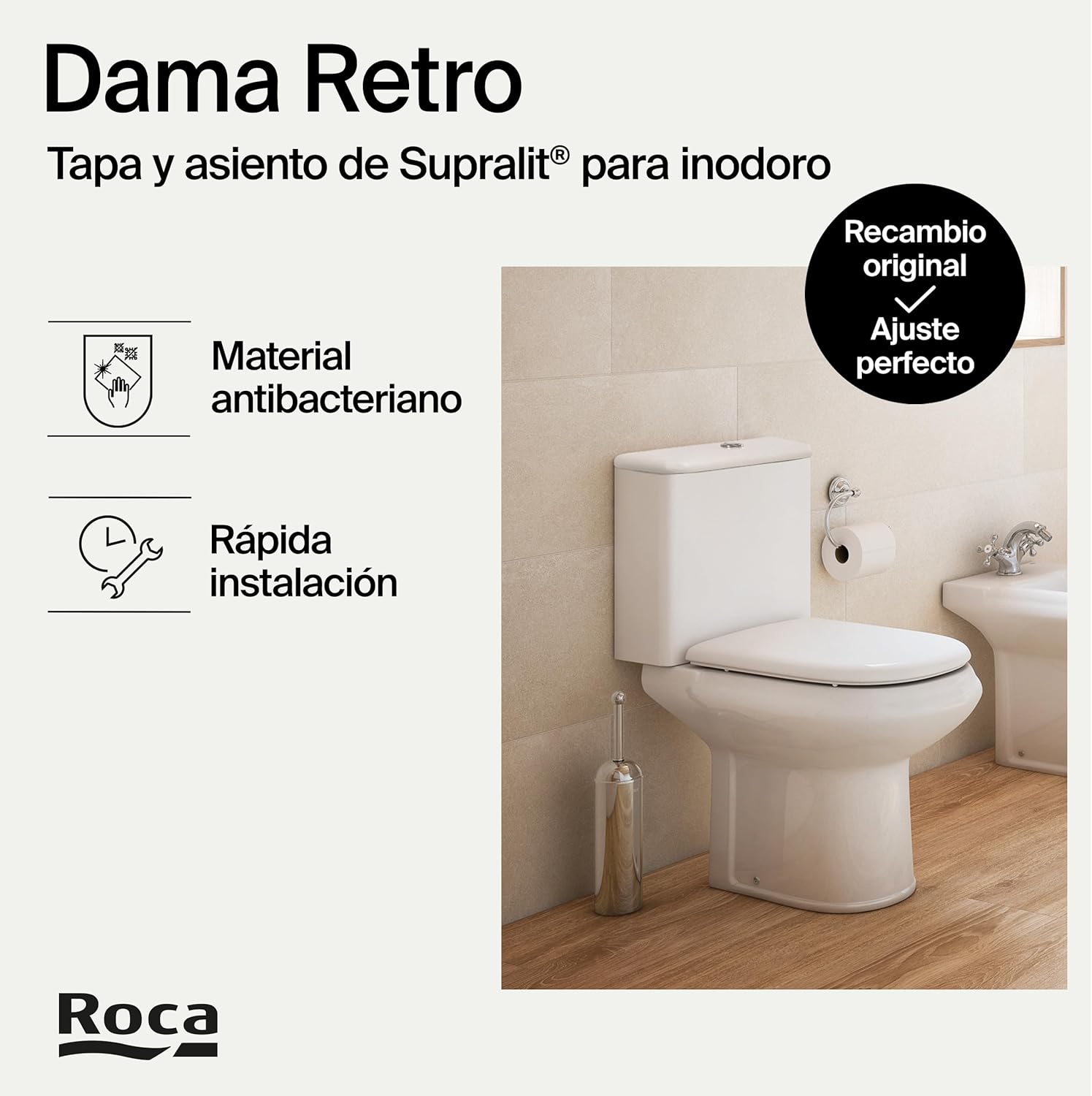Roca - Asiento y tapa Dama Retro con bisagras extraibles A801327004 - BricoandPool