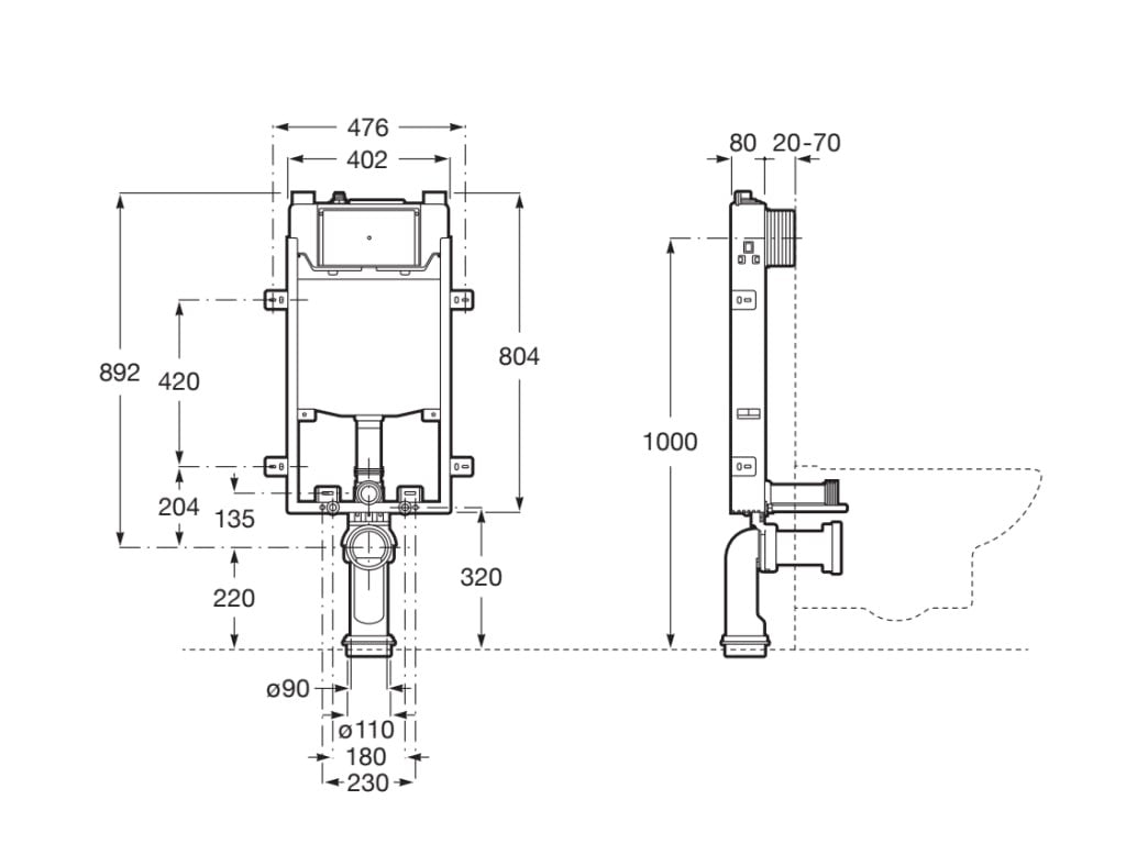Roca - BASIC WC ONE COMPACT - Bastidor con cisterna compacta empotrable con doble descarga para inodoro suspendido A890070120 - BricoandPool