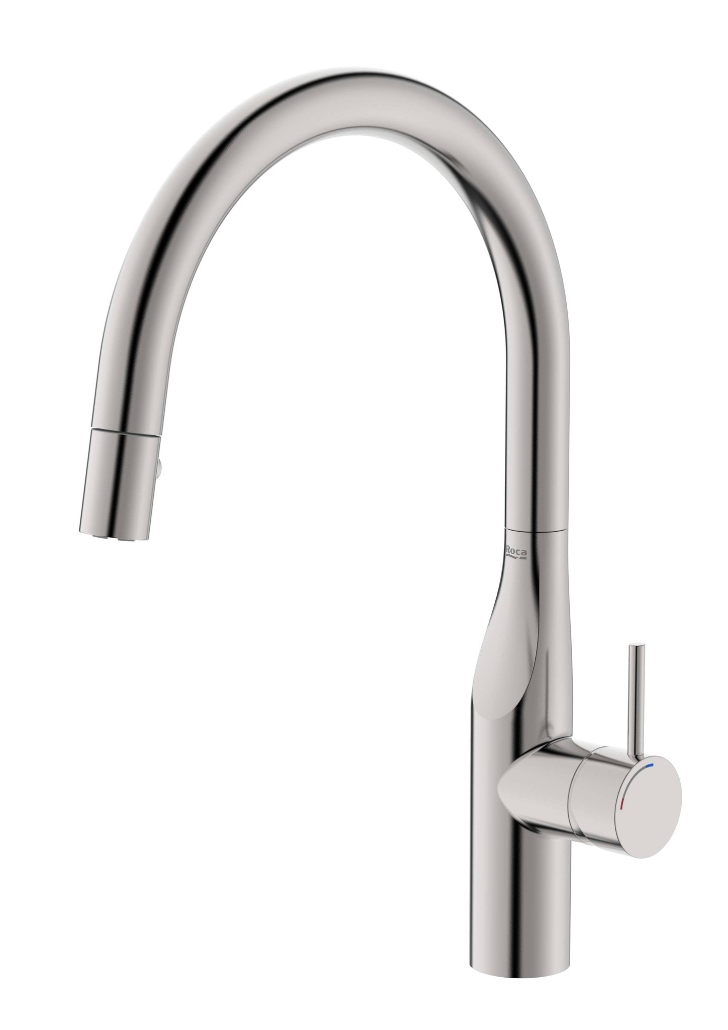 Roca - Glera grifería para cocina con caño curvo giratorio y ducha extraíble 2 funciones, Cold Start, acabado acero inoxidable A5A814DSM0. - BricoandPool