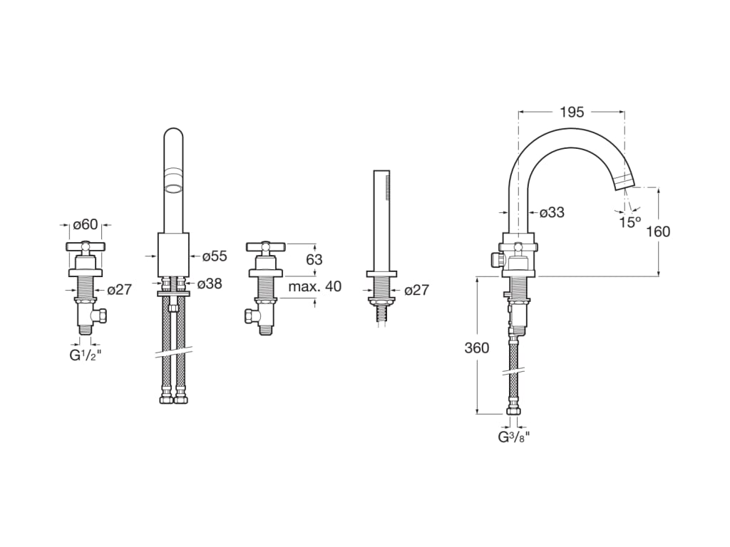 Roca - Griferia de repisa baño - ducha con caño central alto con inversor, ducha de mano y flexible de 1,75 m Loft A5A0943C00 - BricoandPool