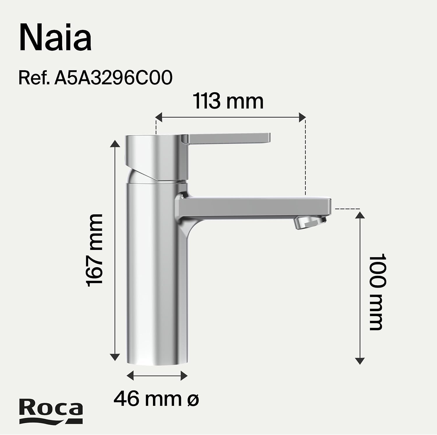 Roca - Grifo de lavabo cuerpo liso Naia con desagüe click - clack y cuerpo liso A5A3296C00 - BricoandPool