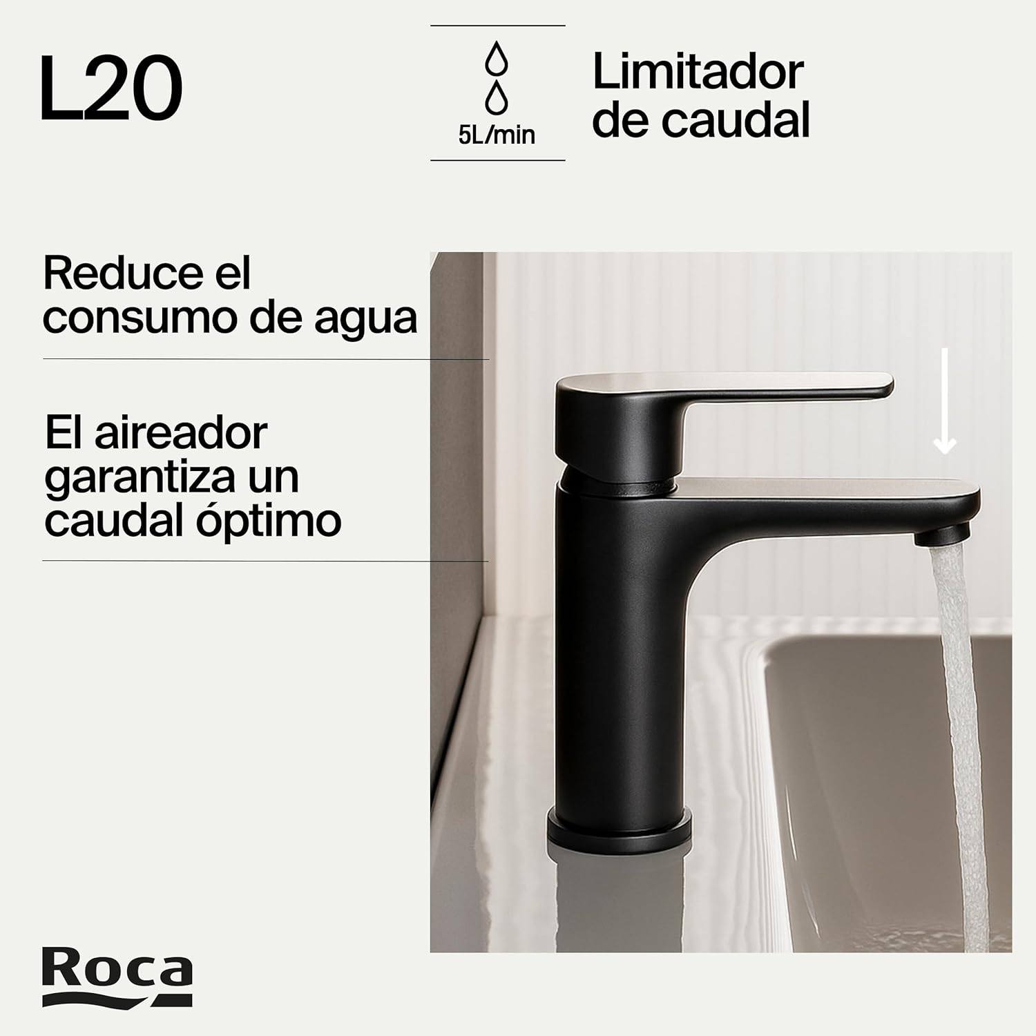 Roca - Grifo para lavabo para lavabo con cuerpo liso L20 Negro Mate A5A3K09NB0 - BricoandPool