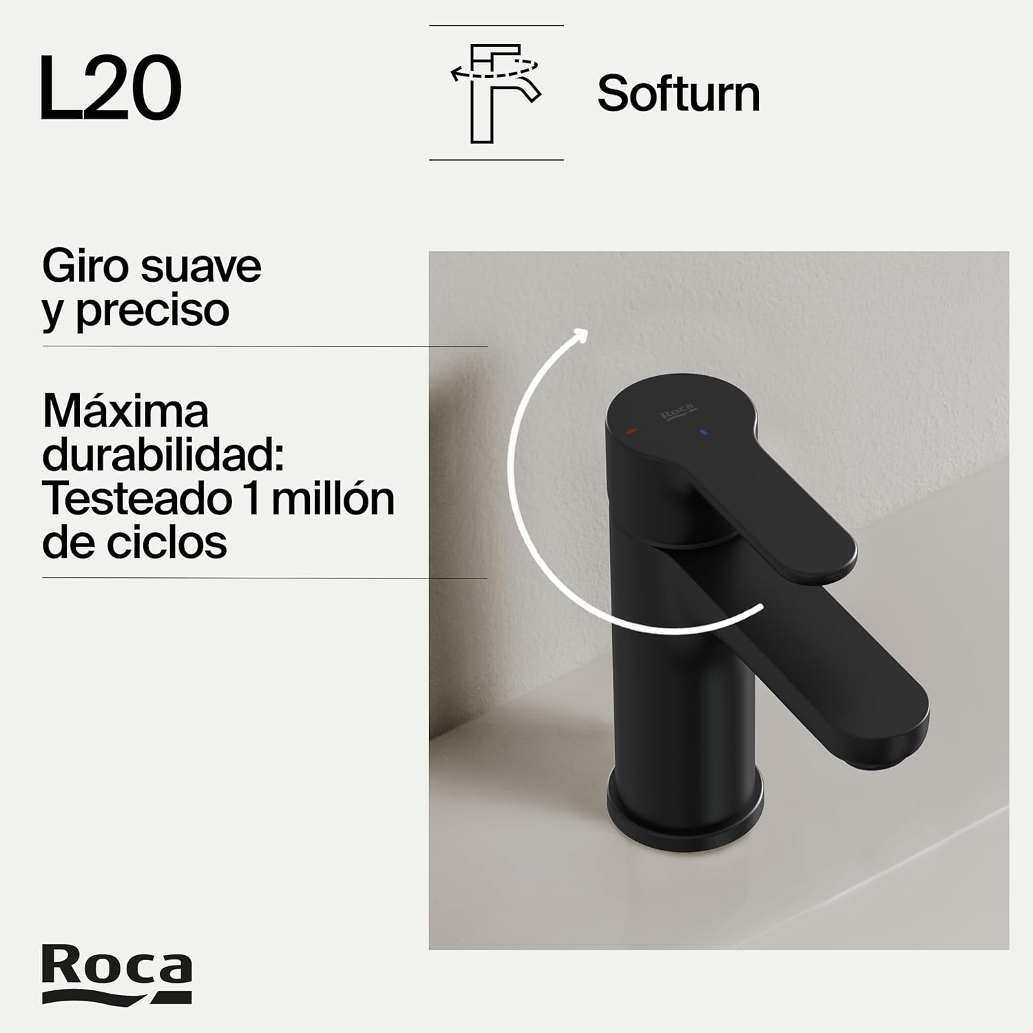 Roca - Grifo para lavabo para lavabo con cuerpo liso L20 Negro Mate A5A3K09NB0 - BricoandPool