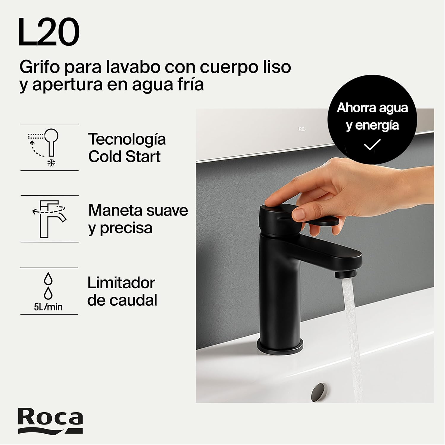 Roca - Grifo para lavabo para lavabo con cuerpo liso L20 Negro Mate A5A3K09NB0 - BricoandPool