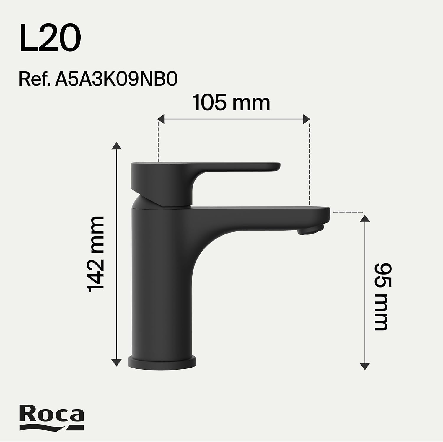Roca - Grifo para lavabo para lavabo con cuerpo liso L20 Negro Mate A5A3K09NB0 - BricoandPool