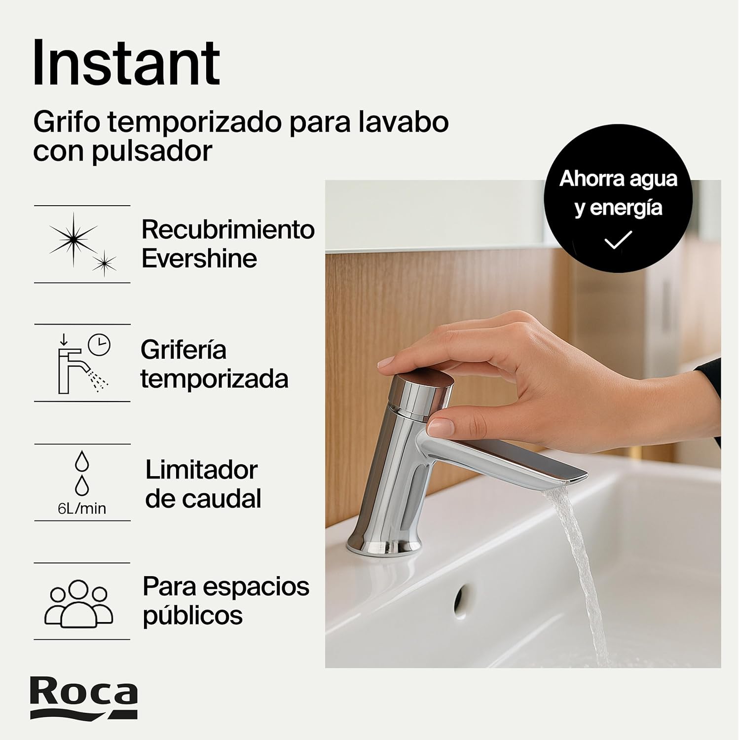 Roca - Grifo temporizado de repisa para lavabo con pulsador y limitador Instant A5A4277C00 - BricoandPool