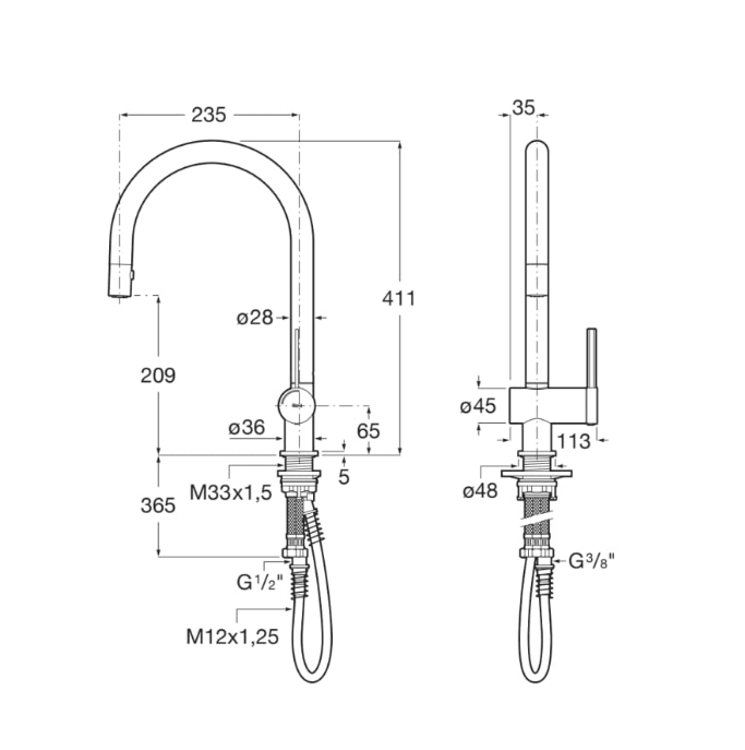 Roca - Mezclador monomando para cocina con caño extraíble giratorio y función ducha para aclarado. Acabado acero inoxidable A5A811FSM0 - BricoandPool
