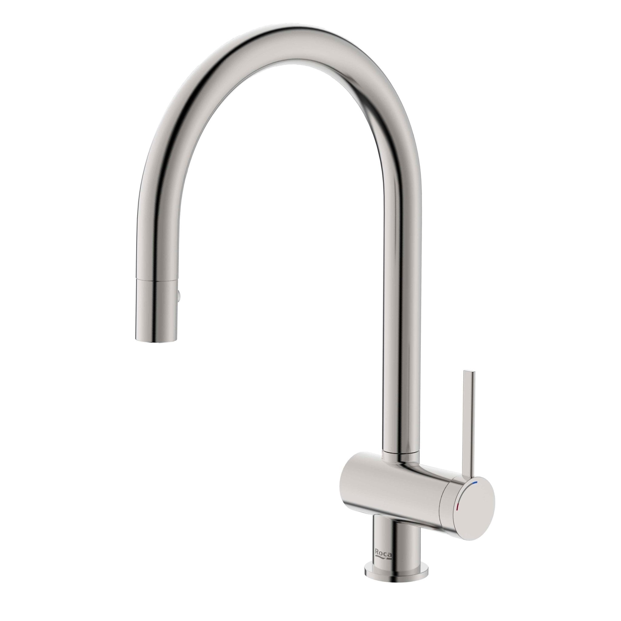 Roca - Mezclador monomando para cocina con caño extraíble giratorio y función ducha para aclarado. Acabado acero inoxidable A5A811FSM0 - BricoandPool