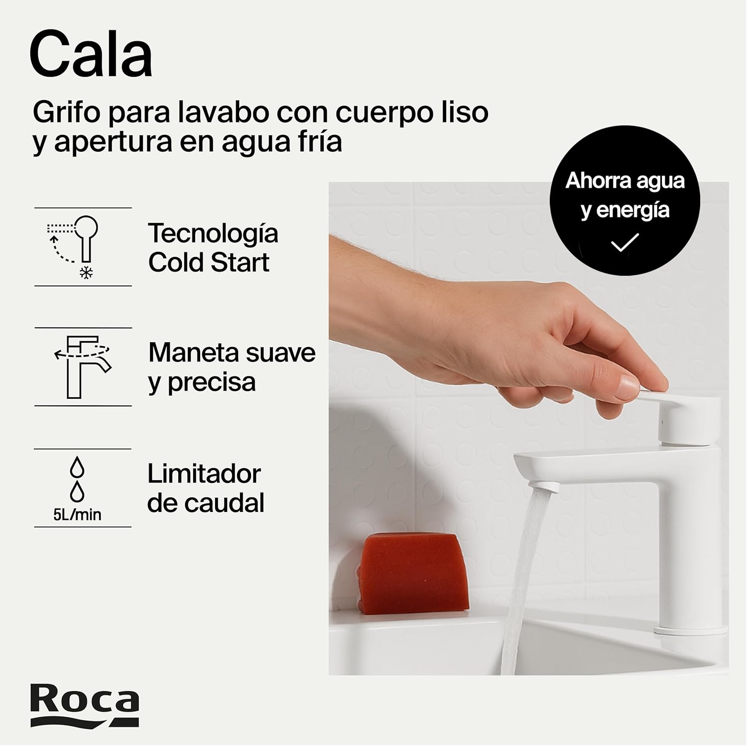 Roca - Mezclador monomando para lavabo con cuerpo liso Blanco Mate Cala A5A326EB00 - BricoandPool