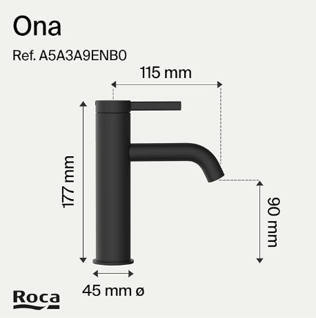 Roca - Mezclador monomando para lavabo con desagüe click - clack y cuerpo liso Ona, Negro Mate A5A3A9ENB0 - BricoandPool